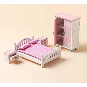 Ensemble de meubles de maison de poup&eacute;e en bois accessoires miniatures de maison de poup&eacute;e pour chambre &agrave; coucher de maison, jouets de maison de poup&eacute;e-QH - Neuf