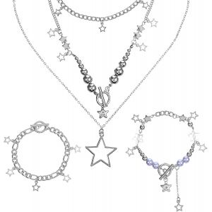 Kal-Y2k Parure De Bijoux Avec Pendentif Kawaii, Collier Et Bracelet En Forme D'&eacute;toile Mignonne, Collier Multicouche Argent&eacute;, Pour Filles Et Femmes, Ensemble De Bijoux Gothiques Vintage - Neuf