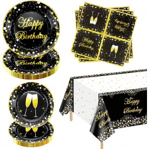 Tianyi-Lot De 61 Serviettes De Table Noires Et Dorées Pour Anniversaire, Remise De Diplôme, Décorations De Fête De Mariage, Pour 20 Invités - Neuf