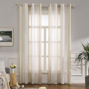 Cheng-Rideaux Voilage À Rayures Blancs Et Beige, Voilages Intérieurs Avec Oeillets, Beaux Voile Rideau Voilage Fenetre Chambre, Lot De 2 Transparent Rideaux Salon Hauteur 225 Cm - Neuf