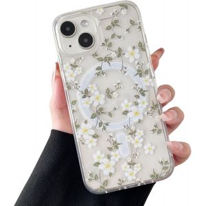 Kal-Coque Magnétique Pour Iphone 13, Iphone 14, Étui Souple Transparent Avec Motif Fleurs [Compatible Avec Magsafe Charge Sans Fil], Coque Résistant Pour Iphone 13/14 6,1""-Grande Fleurs Blanche - Neuf