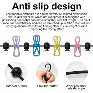 Corde &agrave; Linge R&eacute;tractableCorde &agrave; Linge PortableCorde &agrave; Linge de Voyage avec 12 Pinces &agrave; Linge pour L'int&eacute;rieur et L'ext&eacute;rieurLe BalconLe Camping en Plein Air - Neuf
