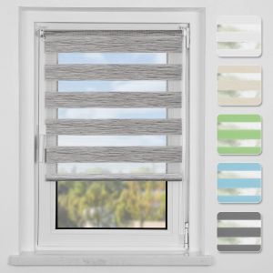 Store Enrouleur Jour Nuit Sans Per&ccedil;age, Stores Z&eacute;br&eacute;s Translucide &Agrave; Double Tissu R&eacute;glable, Facile &Agrave; Installer Avec Clips Pour Fen&ecirc;tre Ou Porte, Lin-Gris, 90l X 200l Cm - Neuf