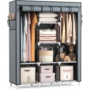 Jexnovashop-Armoire Chambre En Tissu, Penderie Pliable Avec 2 Tringle &Agrave; V&ecirc;tements Et 8 Compartiments, 4 Pochettes, Garde-Robe De Rangement Grande Capacit&eacute; Pour Chambre, Dressing, Gris - Neuf