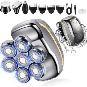 Rasoir Electriques Hommes, 5 In 1 Rasoirs Rotatives, 7d Rasoir Tete Chauve Homme Ipx6 Étanche Rechargeable Sec Et Humide Rasoir Ensemble Avec Écran Led Et Pour Le Vi Tondeuse À Nez - Neuf