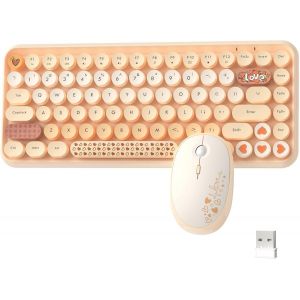 Ensemble Clavier Et Souris Sans Fil, 2.4G 84 Clés Qwerty Rétro Machine À Écrire Rond Touches Clavier Petit Cordless Esthétique Souris Compatible Avec Ordinateur Pour Jeu De Bureau-Dégradé Rose - Neuf