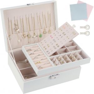 Boite a Bijoux Femme,Rangement Bijoux 2 Couches,Boite à Bijoux Verrouillable avec Clef,Boîtes à Bijoux et Présentoirs pour Filles Femme Colliers,Bracelets,bagues et boucles(blanc) d'oreilles - Neuf