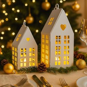 Lot De 2 Maisons Lumineuses Blanches Avec Bougies Led - Décoration De Noël - En Métal - Bougeoir Pour Bougies Chauffe-Plat Led - Décoration Intérieure - Maison - Décoration De Table - Neuf