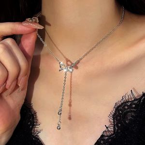Collier Noeud Papillon En Cristal Perle Minuscule Long Collier Y Brillant Cz Collier Noeud Papillon Y Mini Collier Lariat Boho Long Collier Lariat Bijoux Pour Femmes Et Filles Cadeaux - Neuf