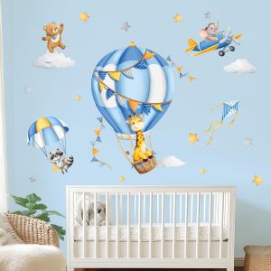 Bleu Montgolfière Autocollants Muraux Avion Animaux Stickers Mural Ours Eléphant Girafe Raton Laveur Décoration Murale Pour Enfant Garçon Fille Bébé Chambres Pépinière Salon - Neuf