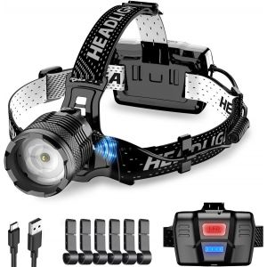 Lampe Frontale Ultra Puissante 90000lm - Rechargeable Usb-C, Lampe Frontale Led 3 Modes Et Capteur, Batterie 9000mah, Ip65 &Eacute;tanche, Zoomable 90&deg; R&eacute;glable Pour Camping P&ecirc;che Randonn&eacute;e - Neuf
