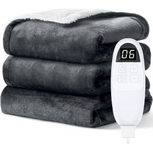 Couverture Chauffante 130x180 cm, 6 Niveaux de Chauffage, Minuterie 1 &agrave; 10 h, Arr&ecirc;t Automatique, Lavable en Machine, Plaid Chauffant &eacute;lectrique Sherpa Flanelle, Gris - Neuf