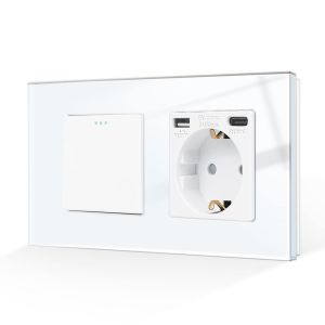 Interrupteur d'&eacute;clairage avec prise Schuko en verre encastr&eacute; avec port USB (type C et type A 3,1 A total),interrupteur &agrave; bascule,interrupteur &agrave; bouton blanc,2 positions,interrupteur - Neuf
