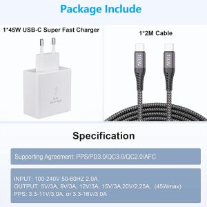 USB C Charger 45W Fast Charger for Samsung Galaxy S23+,S23 Ultra,S22+,S22 Ultra,S21 Ultra,Note10+,Galaxy Tab S8,S8+,S8 Ultra,Tab S7/S7 FE with Nylon Charging Cable 100W USB-C 5A 2M - Neuf