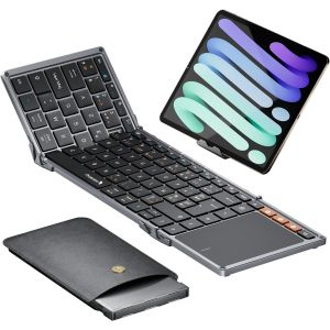 Xk01 Tp Clavier Bluetooth Pliable, Azerty Clavier Sans Fil Portable Avec Pavé Tactile Pour Voyage, Clavier Ipad Pour Ios, Microsoft Surface, Android, Windows Tablette - Gris Foncé - Neuf