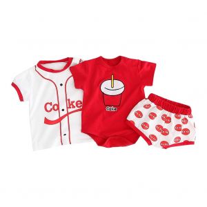 Ensemble De 3 Vetements Pour Bebe, Motif Tasse De Cola, Combinaison, Chemise, Pantalon Court (66) - Neuf