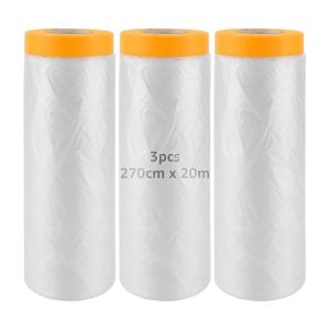3 Rouleaux De Film De Masquage Avec Ruban Adhésif 270 Cm X 20 M Film De Masquage Transparent Pour Peintre Avec Ruban Doré Film De Peinture Résistant Aux Uv Avec Ruban Adhésif Pour Protection - Neuf