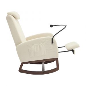 Fauteuil à bascule velours, dossier haut, repose-pieds extensible, poche latérale, structure bois - Neuf