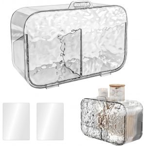Organisateur Salle de Bain, Rangement Maquillage, Boite Coton Tige Transparent, Organisateur Maquillage Mural, Boite Rangement avec Couvercle avec 2 Compartiments de Rangement, Salle de Bain Accessoir - Neuf