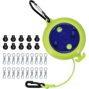 KALANKA-Corde &agrave; Linge R&eacute;tractable de Camping, 10 M&egrave;tres, en Plastique et Nylon, Vert, avec 10 Boucles Stables et 20 Pinces &agrave; Linge - Neuf