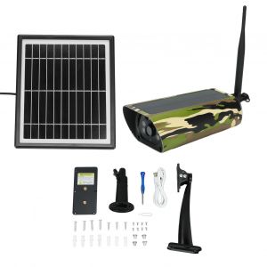 Camera de securite solaire 1080p, detection de mouvement PIR, communication bidirectionnelle, etanche, WiFi, pour l'exterieur, avec panneau solaire - Neuf