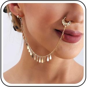 Kal-Punk Faux Anneau De Nez Boucle D'oreille Disque D'or Anneau De Nez Tassel Chaîne Hoop Vintage Paillettes Anneau De Nez Fringer Chaîne D'oreille Non Piercing Manchette Nez À L'oreille Chaîne - Neuf