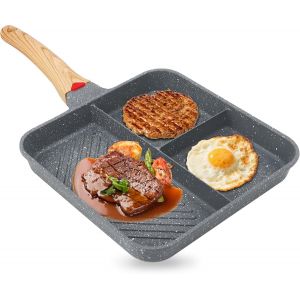 Kalanka-Poêle À Frire Antiadhésive À 3 Sections Avec Poignée En Bois Pour Plaques De Cuisson À Induction Longue Durée - Compatible Avec Toutes Les Plaques De Cuisson - Neuf