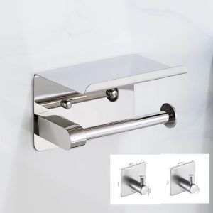 Porte-papier toilette avec tablette pour téléphone et 2 crochets pour peignoirs, support mural en acier inoxydable (argent), adhésif double face, sans perçage ni fixation murale avec vis. - Neuf