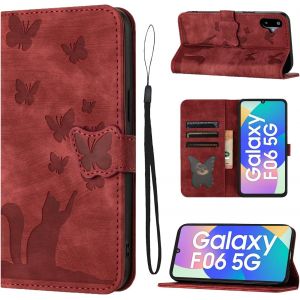 Sansh-Coque Pour Samsung Galaxy F06 5g(6.7 Zoll) (6,7 Pouces) 5g Housse De Protection Premium Pu Cuir Portefeuille Protection Porte Carte Fonction Support Flip Case Pour Samsung Galaxy F06 -Rouge - Neuf