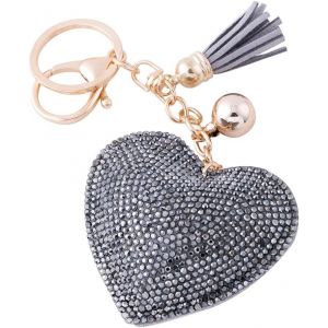 KAL-En Cuir Amour Coeur Keychain Bling Ss6 Premium Cristal De Voiture Porte-Clés Valise Sacs À Dos Accessoires Charme Avec Glands (Gris) - Neuf