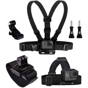 Eyeon 3 in 1 Chest Harness Kit + Headband Harness Attachment + Wrist Attachment with J Hook for and Screws GoPro, Xiaomi YI, SJCAM, Campark, Victure, Crosstour, Apeman Action Camera - Neuf