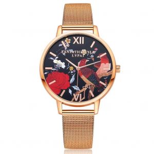 Lvpai Femmes Femelle Quartz Mouvement Montre Analogique Fleurs Oiseaux Cadran Rond Montre-Bracelet Or Rose - Neuf