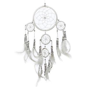 Sjzg-Petit Attrape Rêve Blanc Marque Dreamcatcher Indien À Perles Argent & À Plumes Fait Main - Capteur De Rêves Et Artisanal - 12 Cm De Diamètre, 35 Cm De Longueur - Neuf