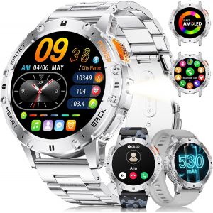 Montre Connect&eacute;e Homme (3 Bracelets) - Appel Bluetooth/LED Lampe, &Eacute;cran AMOLED 1,43"", &Eacute;tanch&eacute; IP68, 100+ Modes Sportifs, D'ext&eacute;rieur Montre Connect&eacute;e pour iOS et Android, Acier Noir/Camouflage - Neuf