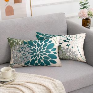 CAUC-Bleu Vert Housse de Coussins 30x50 Coussin Housse Fleuri G&eacute;om&eacute;trie Taie Oreiller Double Imprim&eacute; Housses de Coussin le printemps D'&eacute;t&eacute; Housse Coussin Pour Meubles de Patio Ext&eacute;rieur D&eacute;cor, 2 Pi&egrave;c - Neuf