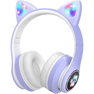 KALANKA-Bluetooth Casque Audio Enfants avec HD Microphone/Lumières LED, Ecouteurs Enfants du Volume Limité 85dB, Son Stéréo Casque Audio Enfants pour Smartphone,iPad,Tablet,Kindle,Ecole (Violet) - Neuf