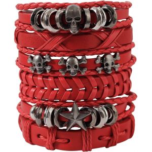 Kal-Lot De 6 Bracelets En Cuir Tress&eacute; Noir Pour Homme Et Femme, Style Punk Avec T&ecirc;te De Mort, Rock, Cuir Simili Cuir, Pas De Gemme - Neuf