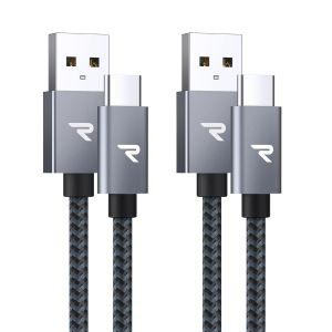 JGD-Cable USB C, Charge Rapide 3A QC3.0, Cable Chargeur USB C Cable Nylon Tress&eacute; Compatible avec iPhone 17 Pro Max Air 16/15, SamsungS22/S21/S20/S10, Xiaomi, Sony-Gris Sid&eacute;ral/2M+2M - Neuf