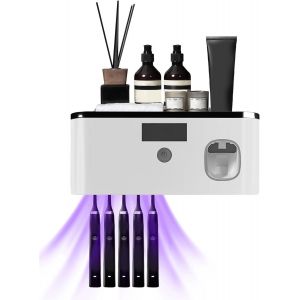 Bhhbb-Porte Brosse À Dents Mural, Support De Brosse À Dents, Lampe Uv Brosse À Dents Électrique, Avec Distributeur De Dentifrice, Pour 5 Brosses À Dents, 60 Jours Avec Une Seule Charge (Gris) - Neuf