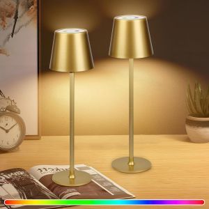 Wireless Rechargeable Led Table Lamp, Dimmable Wireless, 3000k Color Temperatures And 7 Rgb Colors, Table Lamp With Usb-C, Ip54 Waterproof, Gold Gold 2 Pack - Neuf