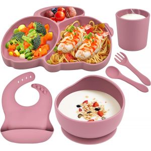 Kal-Assiette Bébé Set Coffret Repas Bebe Avec Ventouse Assiette Bol Bavoir Cuillere Fourchette Tasse 6 Pièces Silicone Sans Bpa Enfant Vaisselle Kit Compatible Lave Vaisselle Micro Ondable, Rose - Neuf