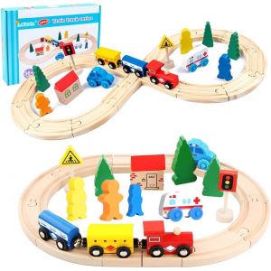 KAJGL-Circuit Train Enfant,33 Pièces Ensemble Circuit De Train En Bois Pour Tout-Petits,Rails En Bois,Thème Ville Urbain Compatible Ave Thomas Brio,Cadeaux Pour Garçons Filles 3 4 5 6 7 Ans - Neuf