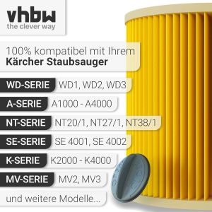3x filtre pliss&eacute; compatible avec K&auml;rcher A 2003, A 2004, A 2024 pt, A 2054 Me, A 2101, A 2204, A 2204 AF, A 2206 X aspirateur - jaune - Neuf