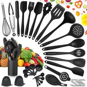 Oayew-Ustensiles De Cuisine,49pcs Ustensiles De Cuisine Silicone Avec 20 Crochets En S,Batterie De Cuisine Antiadh&eacute;sive Anti-Rayures Et R&eacute;sistante &Agrave; La Chaleur - Noir - Neuf