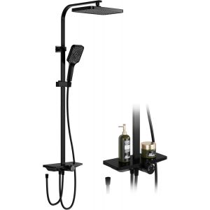 Douche &agrave; effet pluie, sans robinetterie, avec &eacute;tag&egrave;re, syst&egrave;me de douche avec pommeau de douche en acier inoxydable, colonne de douche r&eacute;glable, douchette de t&ecirc;te, carr&eacute;e, 25 x 25 cm, noire - Neuf