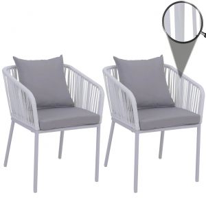 Lot De 2 Chaises De Jardin Hwc-N41, Accoudoirs D'ext&eacute;rieur, R&eacute;sistantes Aux Intemp&eacute;ries, Tressage En Corde D'aluminiumGris Clair, Coussins Gris Clair - Neuf