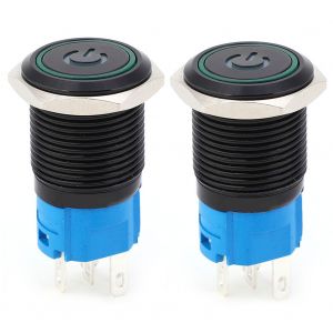 Interrupteur metallique autobloquant noir, protection IP65, 2 pieces, avec lampe LED et symbole, 16 mm (vert 24 V CC) - Neuf