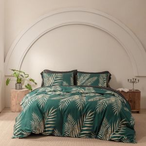 Sjzg-Parure De Lit 3 Pièces En Microfibre Douce Avec Housse De Couette De 220 X 240 Cm Et 2 Taies D'oreiller De 80 X 80 Cm - Doré/Vert - Motif Feuilles Dorées Et Dorées - Neuf