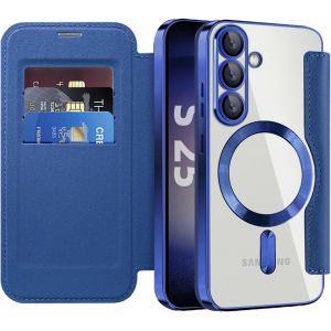 JGD-&Eacute;tui Magn&eacute;tique pour Samsung Galaxy S25 FE Compatible avec MagSafe, [RFID Blocage] Porte Carte Portefeuille Housse PU Cuir Transparente Antichoc Coque pour Samsung S25 FE. Bleu Fonc&eacute; JDCX - Neuf