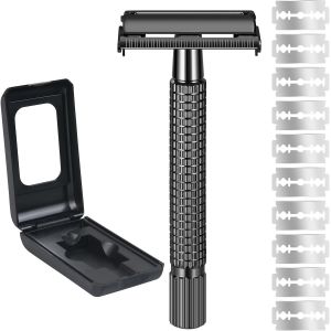 Eryi-Rasoir De Sûreté Homme, Rasoir De Sécurité À Double Tranchant, Rasage Manuel À Long Manche Avec 10 Lames De Rasoir De Sécurité En Acier Inoxydable Pour Le Visage Et Le Corps, Noir - Neuf